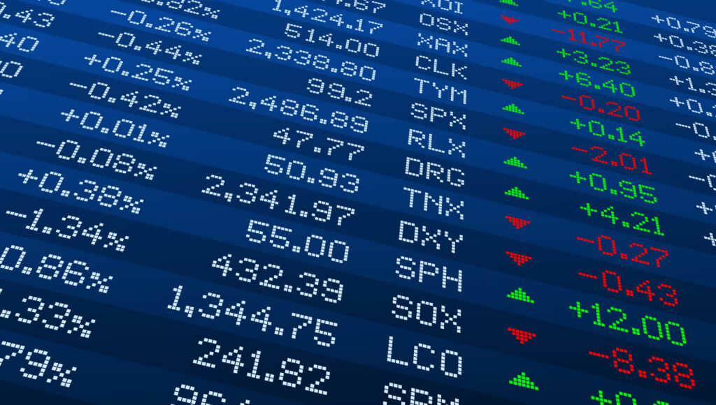 Display of Stock market quotes. Stock exchange board. Led digital display effect.