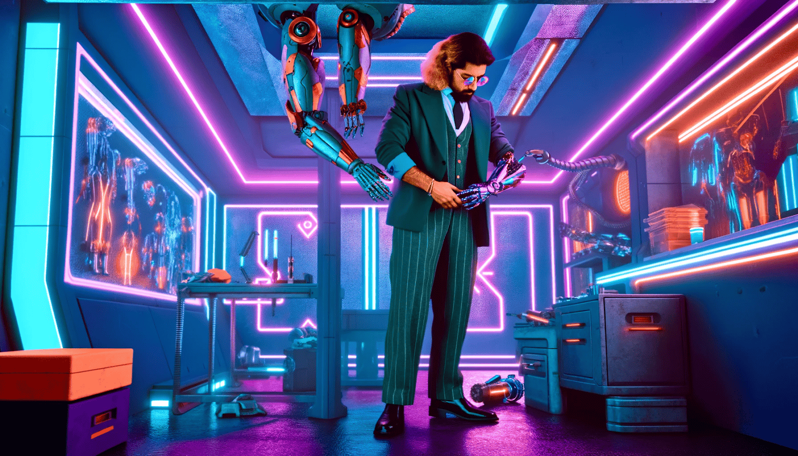 A formal suited gentleman getting a bionic arm upgrade.