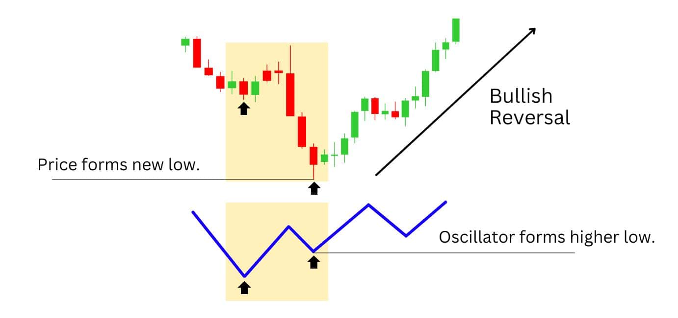 Chart illustrating a bullish divergence where the price forms a new low while the oscillator forms a higher low, signaling a potential bullish reversal.